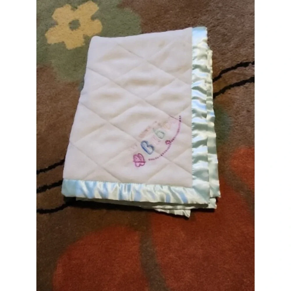 My Way Babies White Plush Baby Security Blanket w Green Satin Edge‎ Some Stains